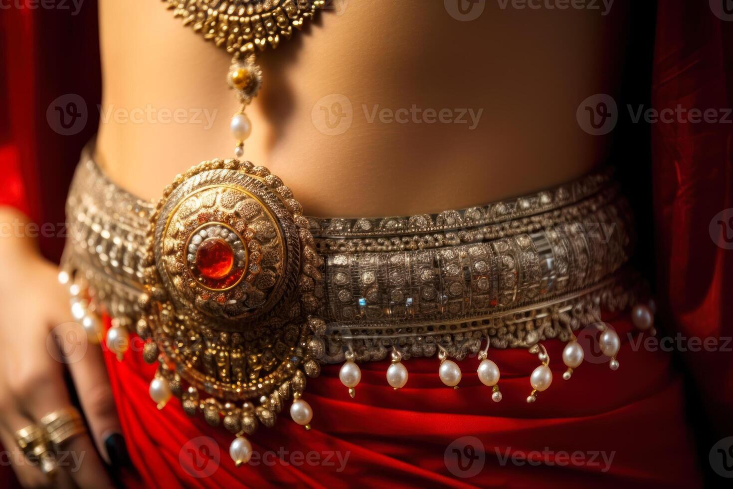 women Indian bronze belt on the girl waist generative ai photo