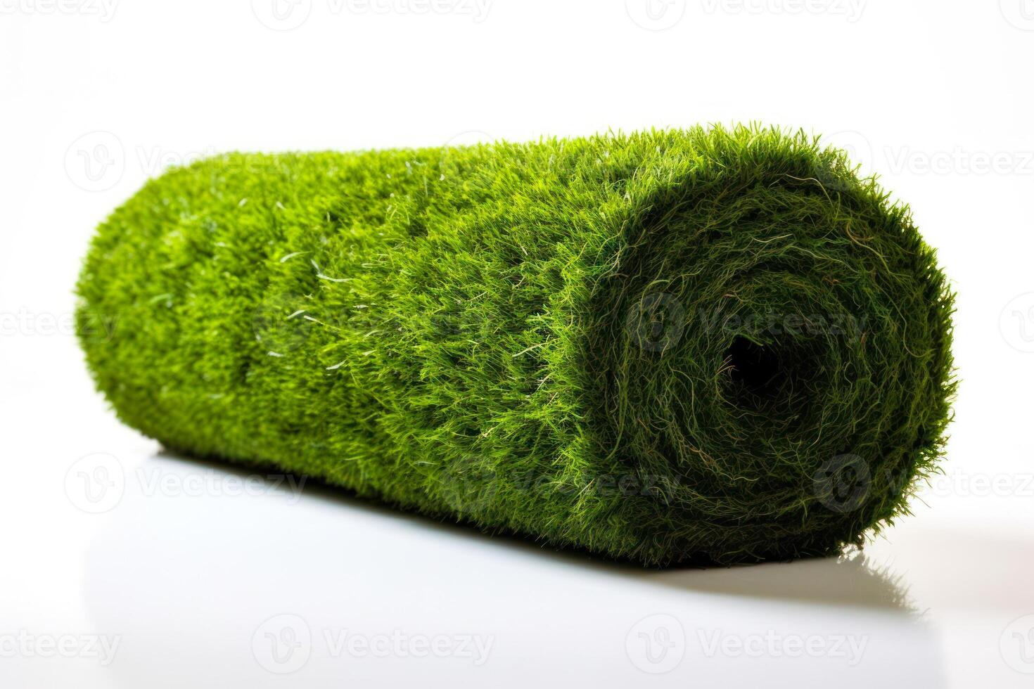 green roll artificial grass on white background photo