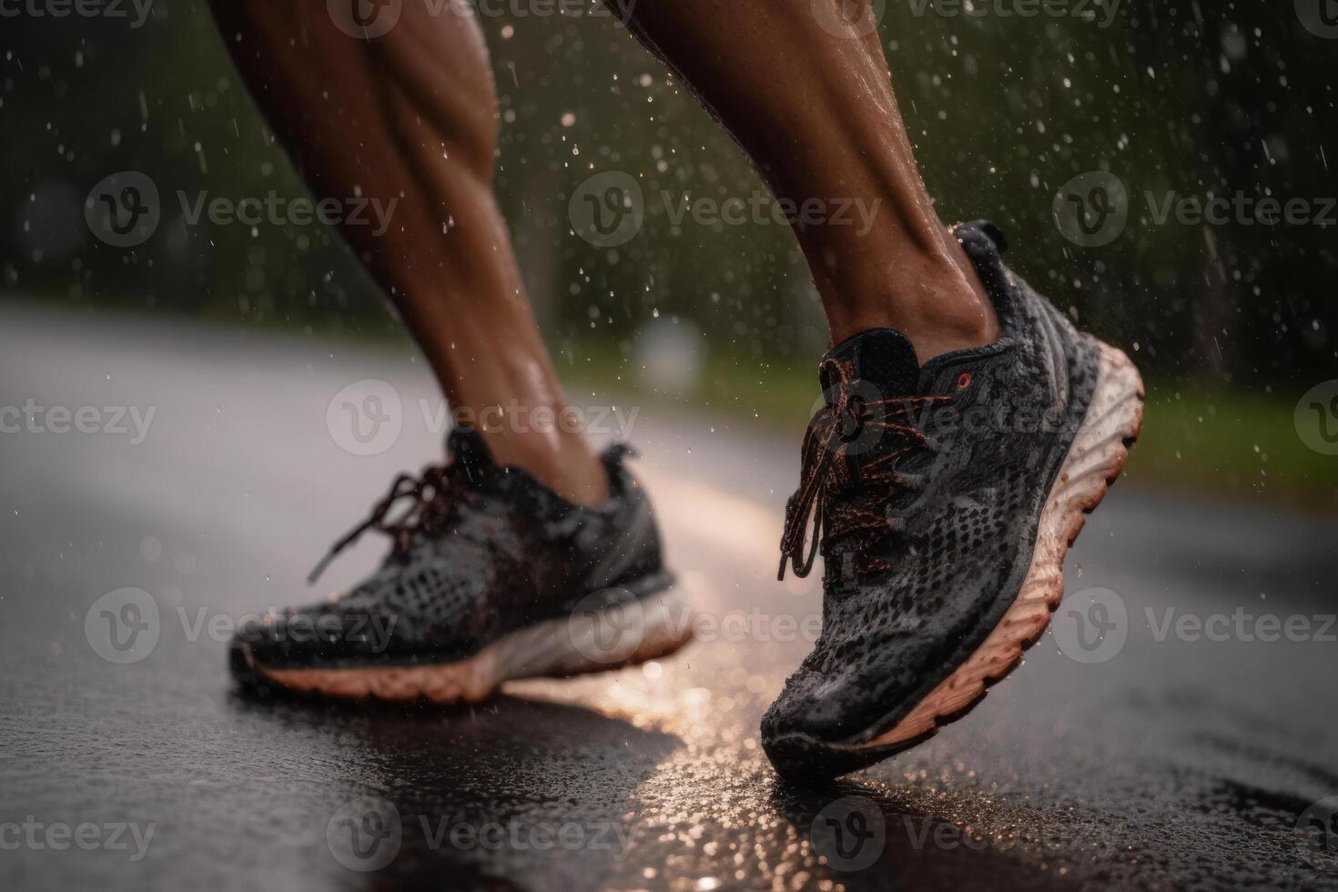 feet in sneakers running in the rain generative ai photo