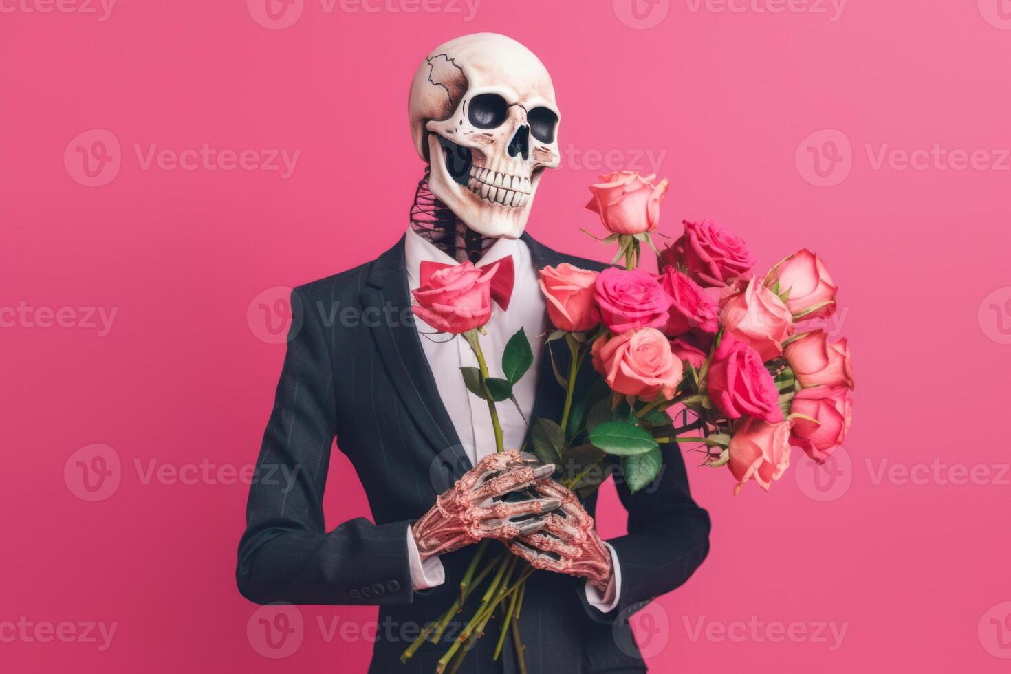 halloween skeleton beauty man with bouquet flowers on pink background photo