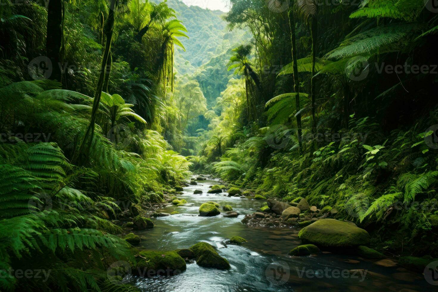 stream in the green jungle generative ai photo