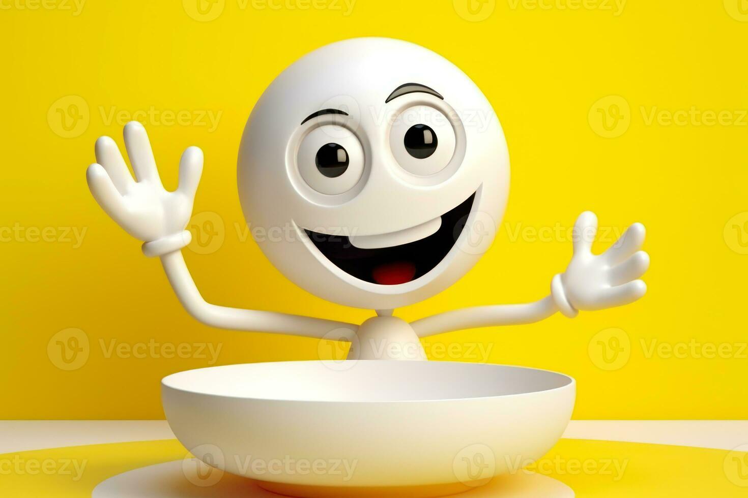 cartoon white character smiling and waving on yellow background with white plate generative ai photo