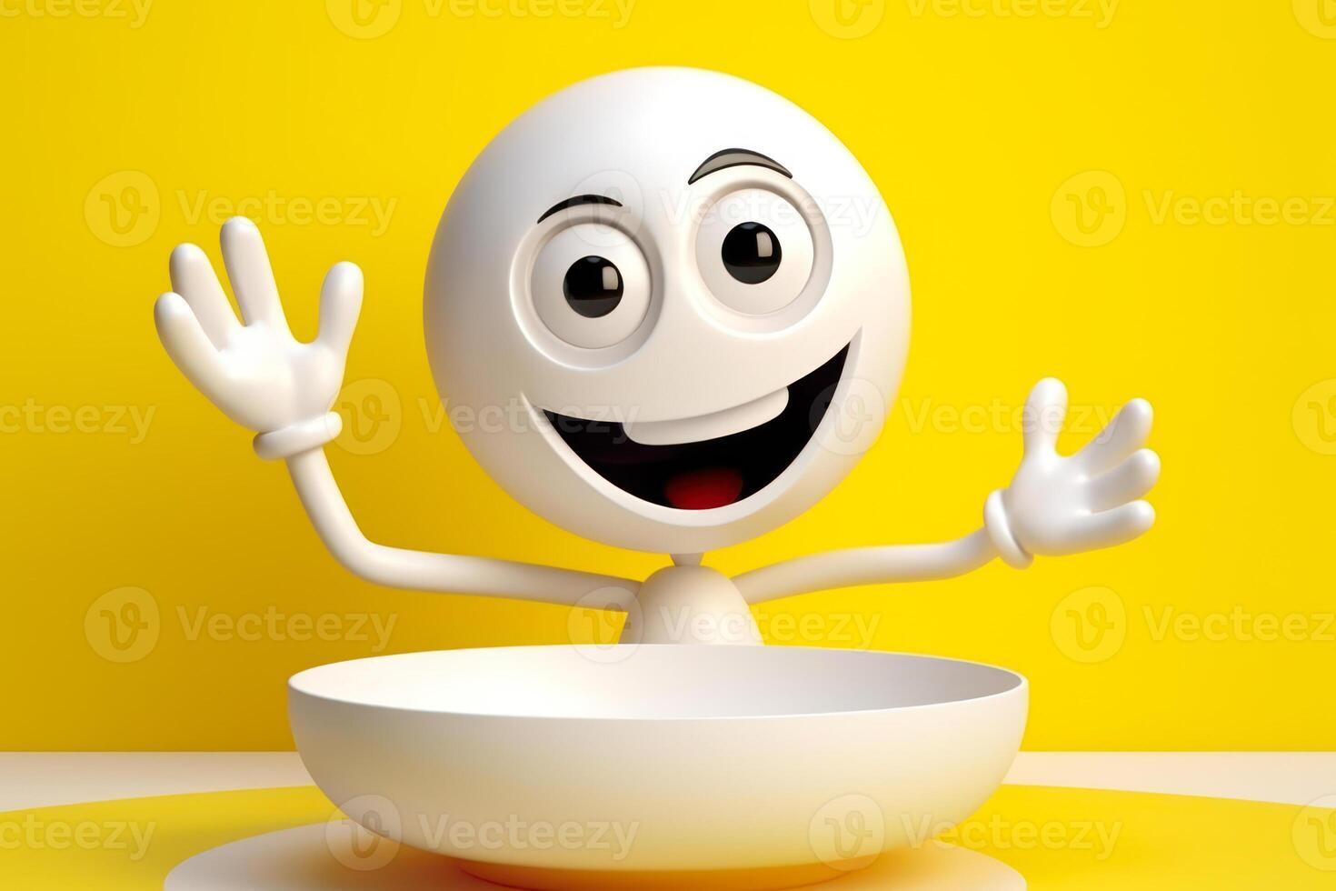 cartoon white character smiling and waving on yellow background with white plate photo