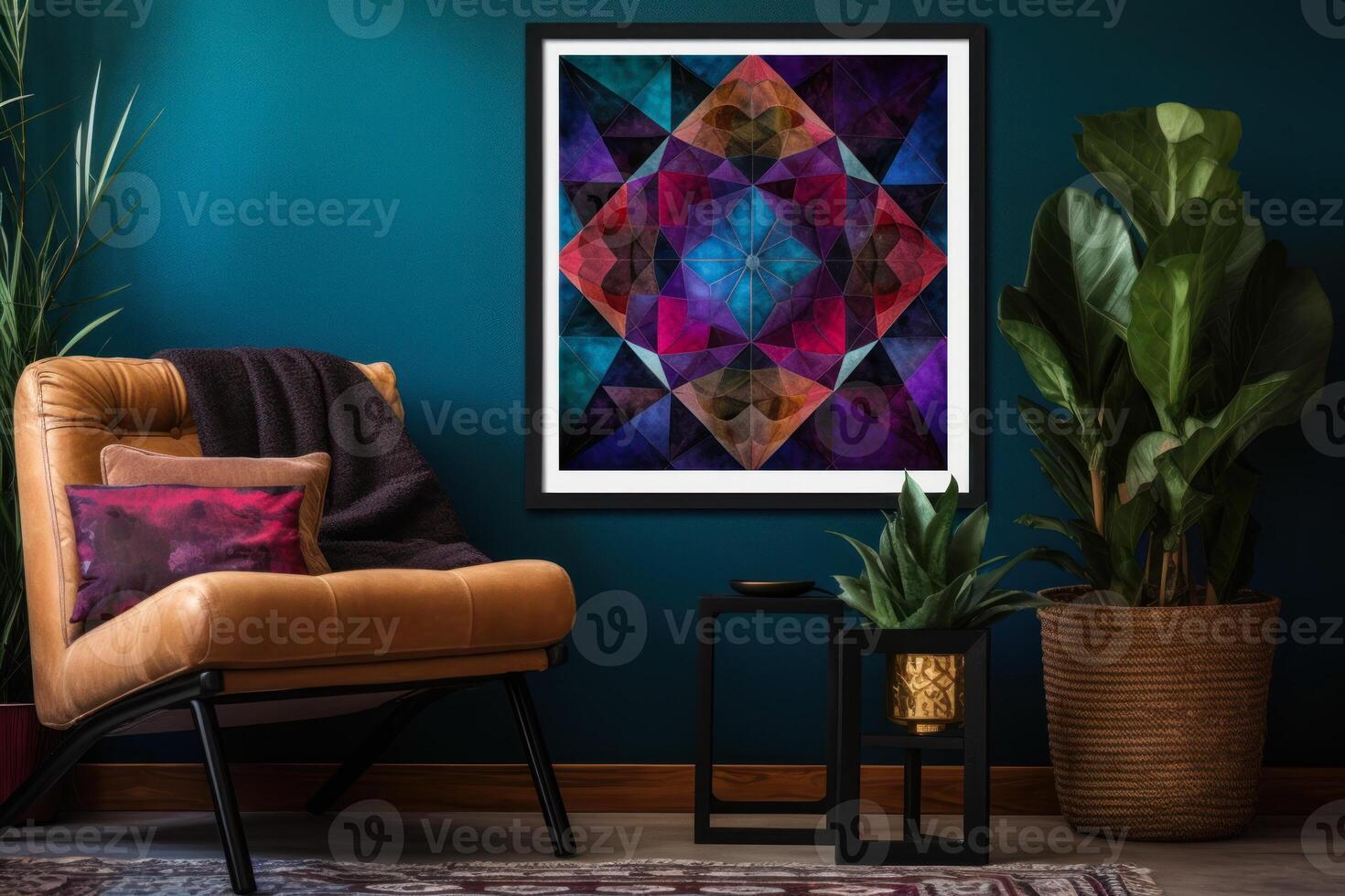 room interior in cold marine tones and the image of a geometric abstract pattern generative ai photo