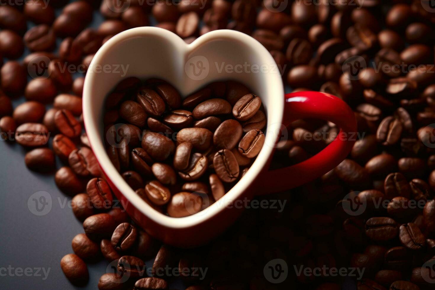 a cup of coffee with a heart and coffee grains on a dark background top view, morning favorite drink generative ai photo