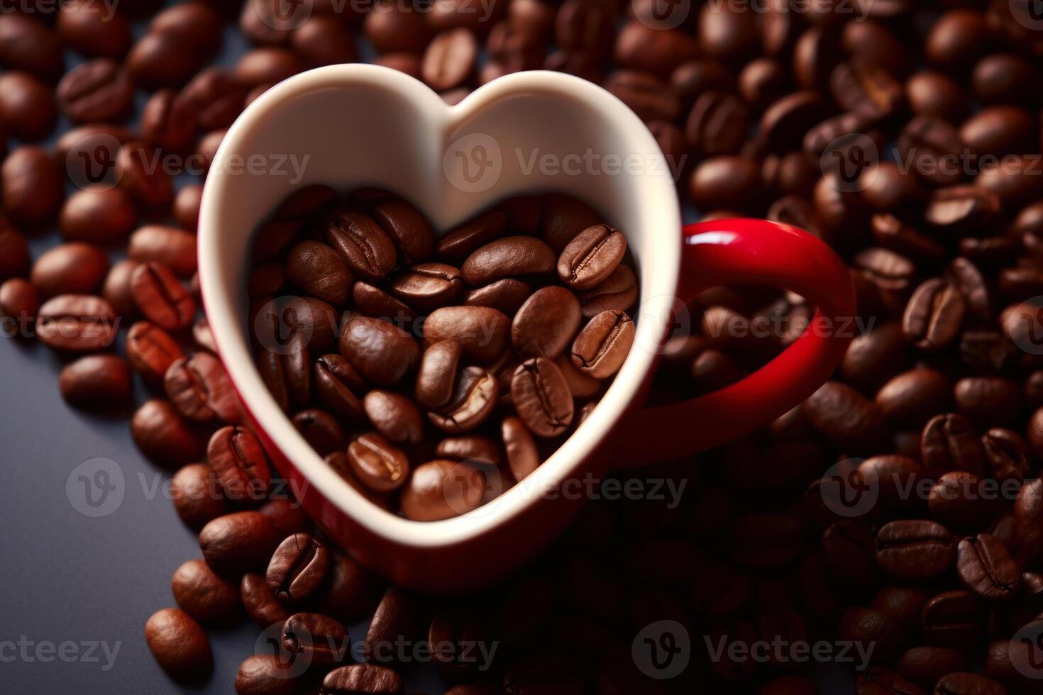a cup of coffee with a heart and coffee grains on a dark background top view, morning favorite drink photo