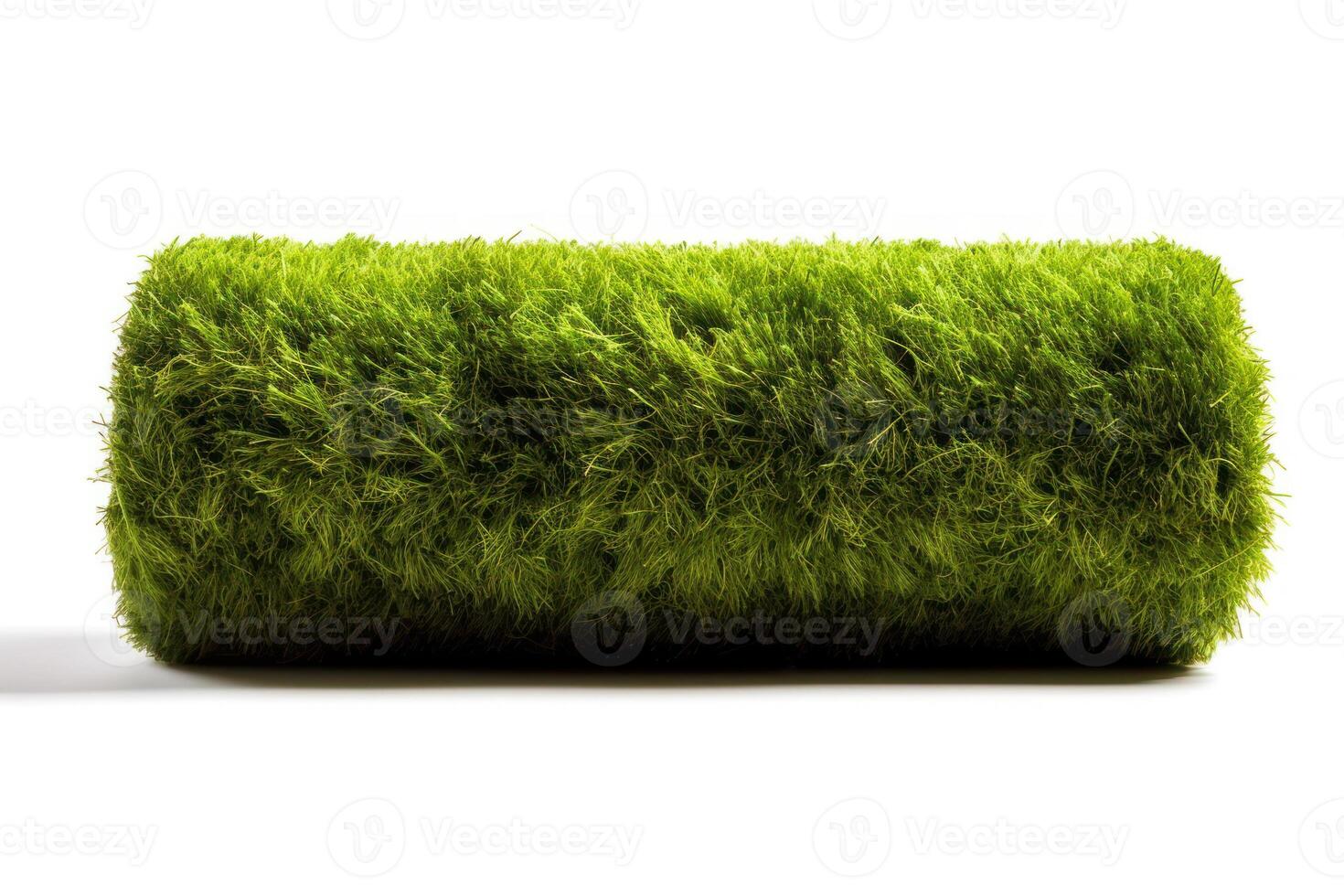 green roll artificial grass on white background photo