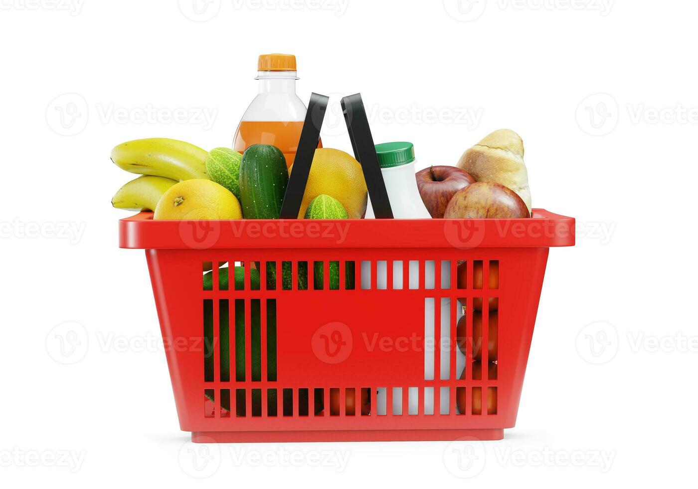 Red shopping basket with fresh food. Render 3D. Isolated on white background photo