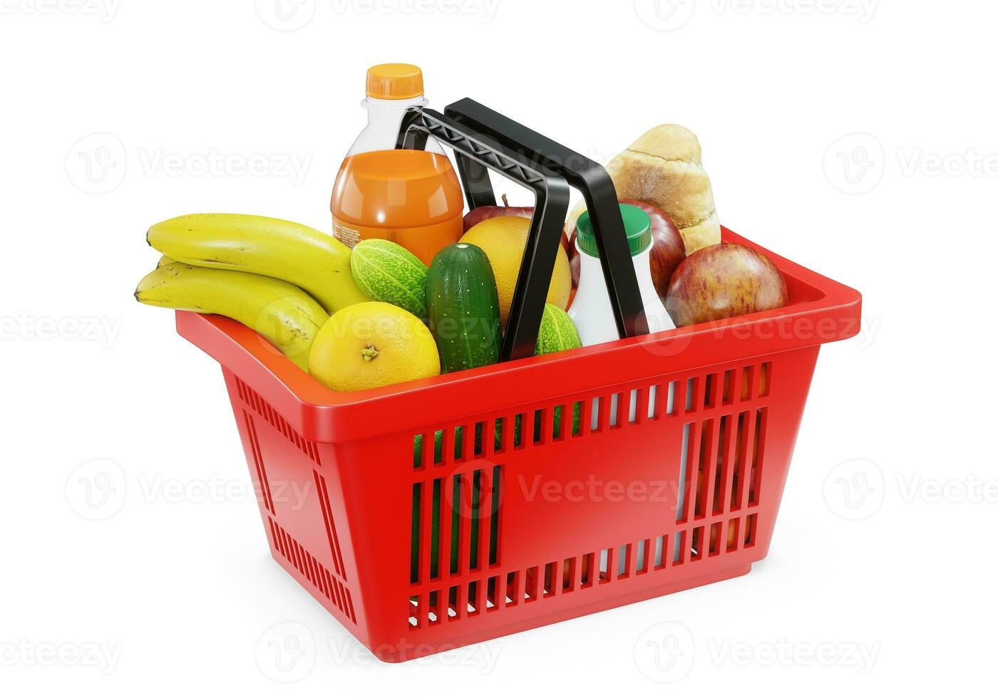 Red shopping basket with fresh food. Render 3D. Isolated on white background photo