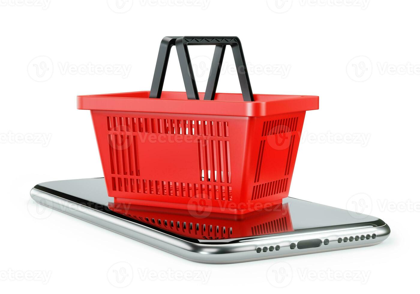 Red shopping basket and smartphone. Render 3D. Isolated on white background photo