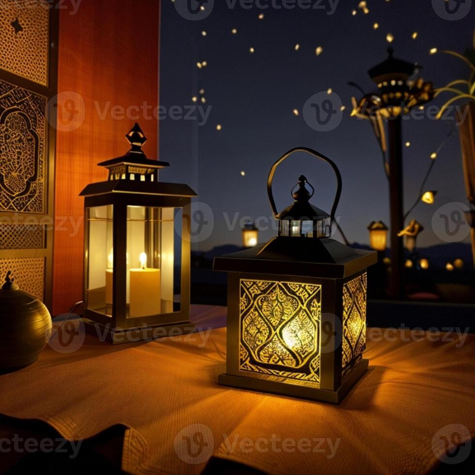 Islamic lantern on night sky with crescent moon and stars. End of fasting. Hari Raya card. Eid al-Fitr decoration. Breaking of holy fast day. Muslim holiday. photo