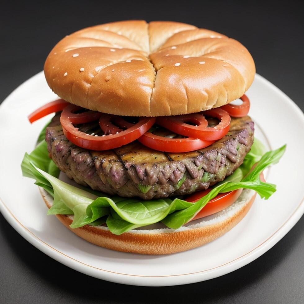 a delicious beef burger in the plate, wooden, cutting board, square. photo