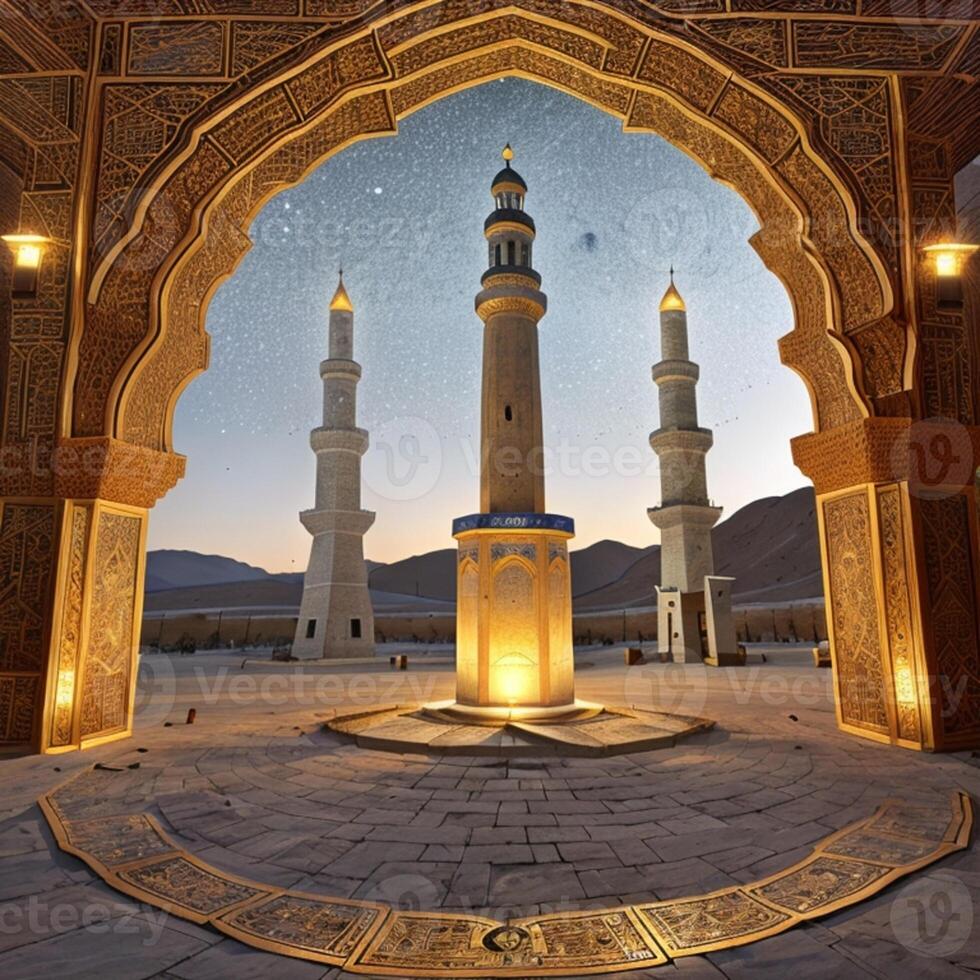 islámico linterna en noche cielo con creciente Luna y estrellas. final de ayuno. hari raya tarjeta. eid al-fitr decoración. rotura de santo rápido día. musulmán día festivo. ai generado foto