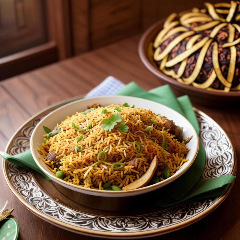 a rice briyani in the plate. photo