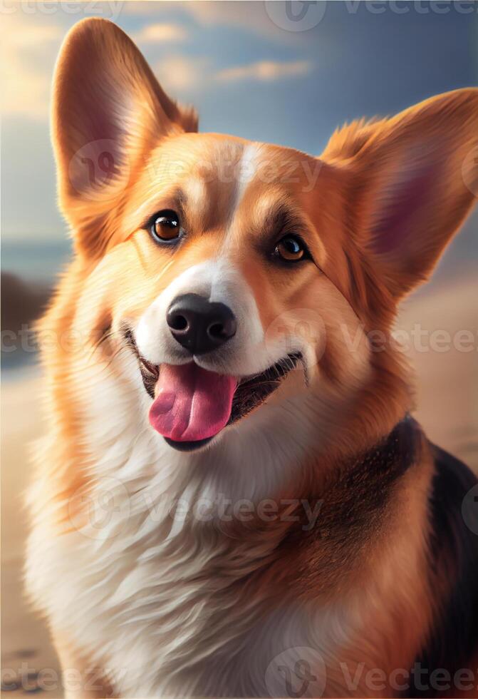 Close-up portrait of dog corgi face in profile. The muzzle of a dog with eyes, pink language, long mustache, black nose. Muzzle of a dog in profile . photo