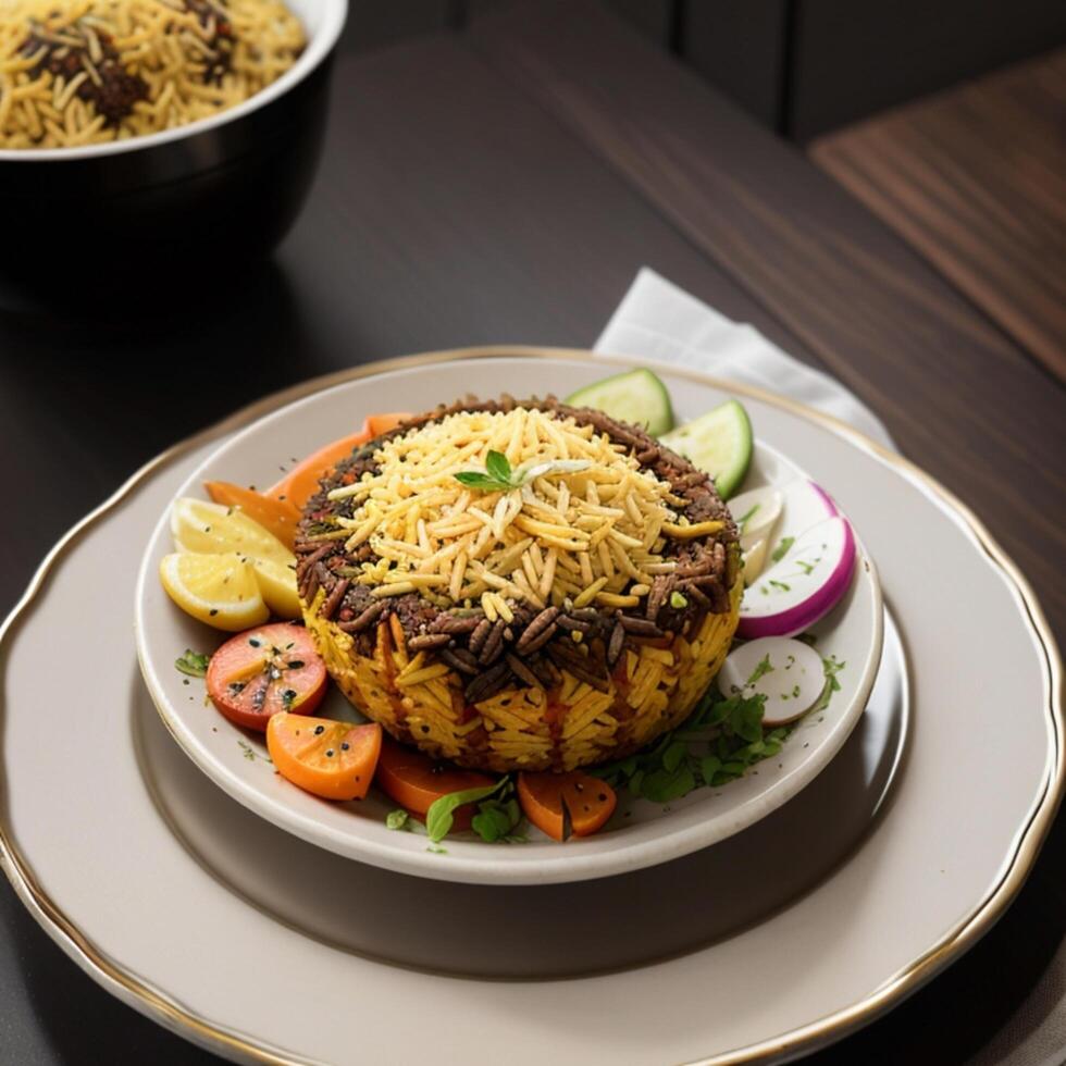 a rice briyani in the plate. photo