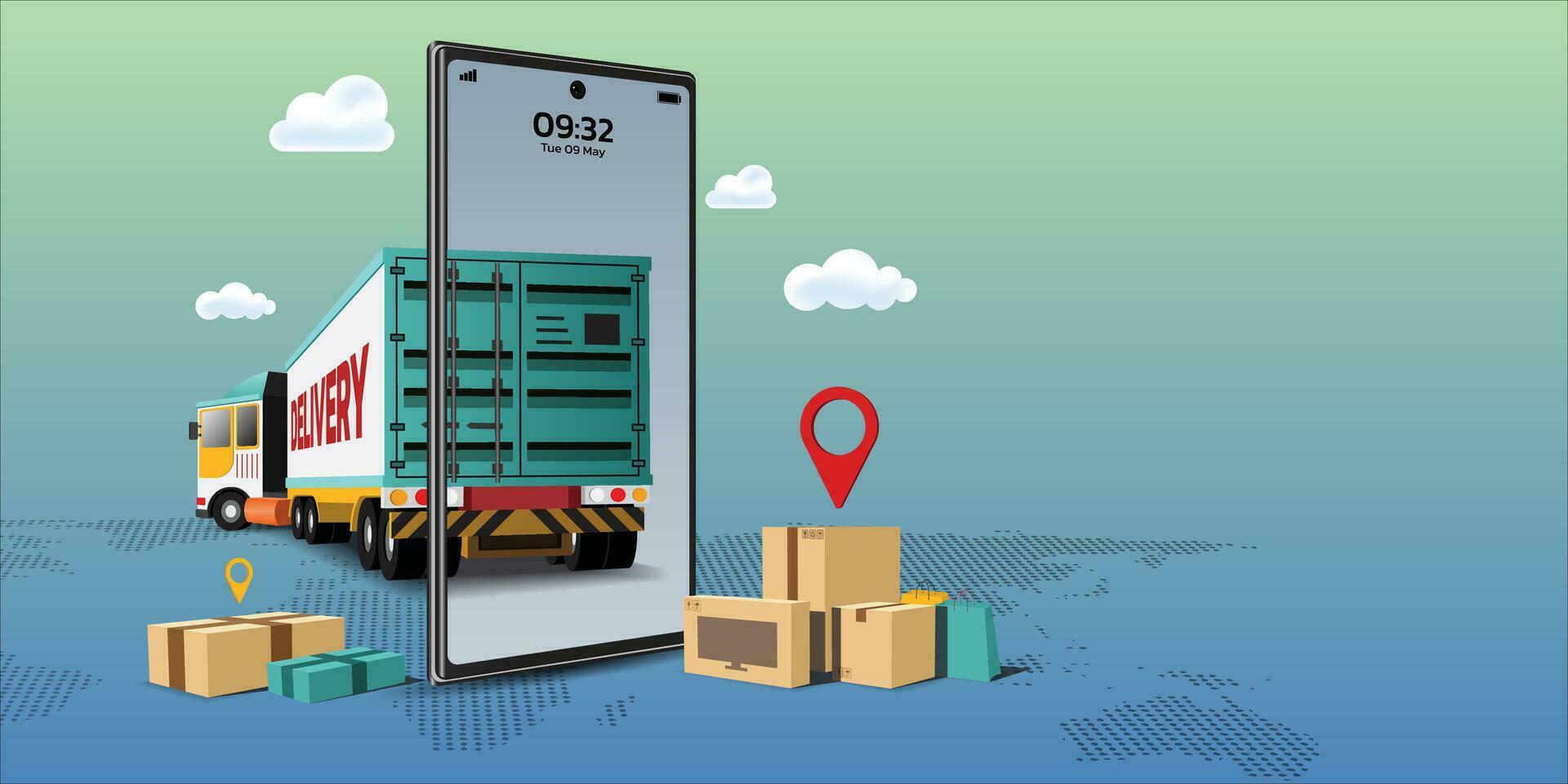 Delivery online and shopping online on mobile application, vector illustration