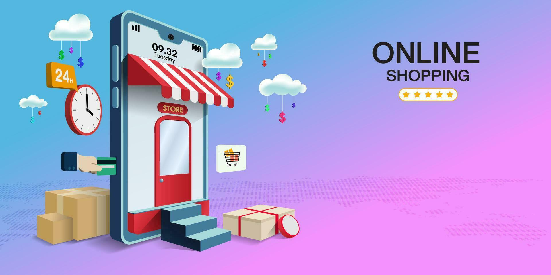 Shopping Online on Mobile Application or Website. Digital marketing. Horizontal view. vector
