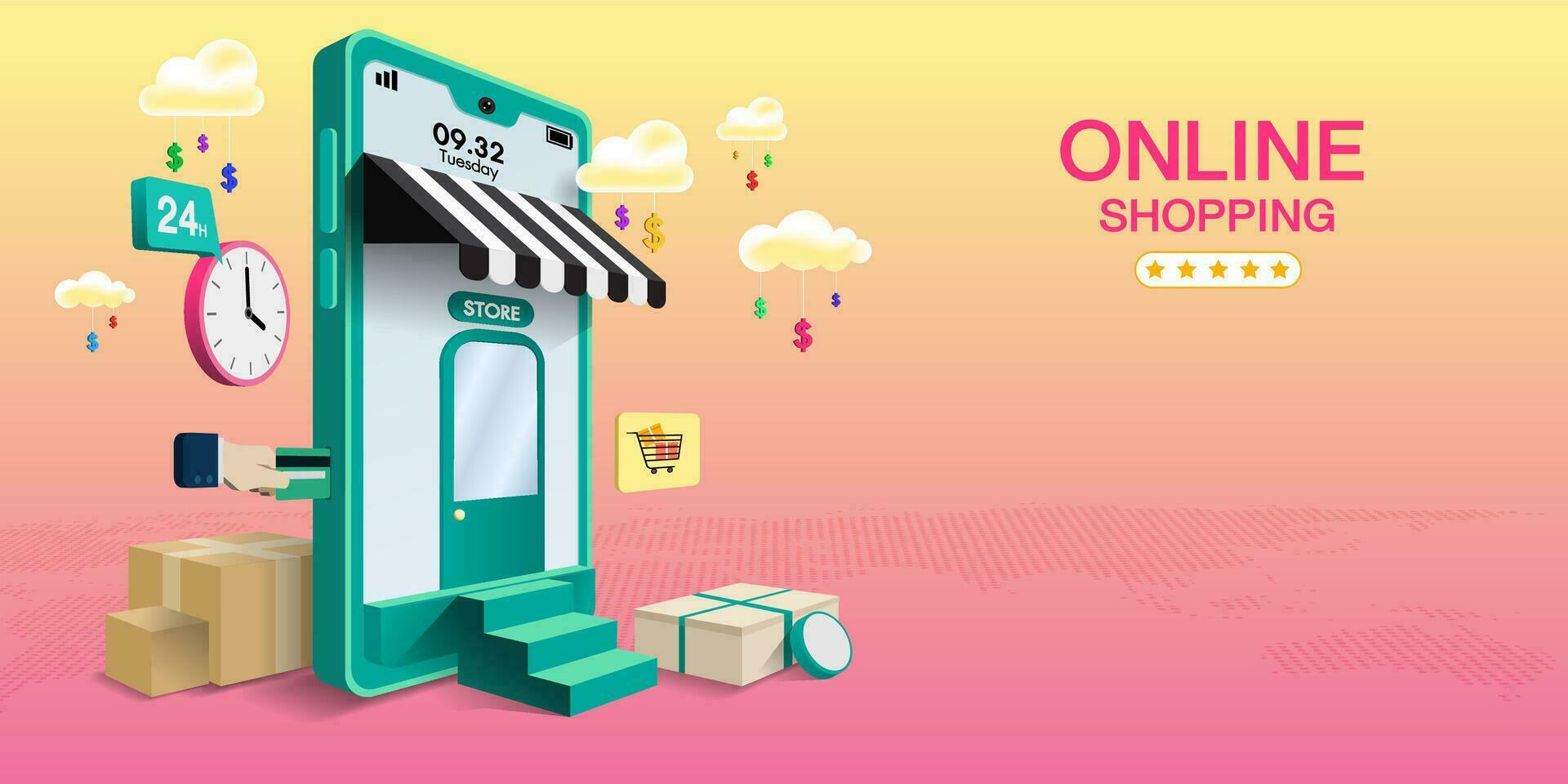 Shopping Online on Website or Mobile Application and Digital marketing. Horizontal view. vector