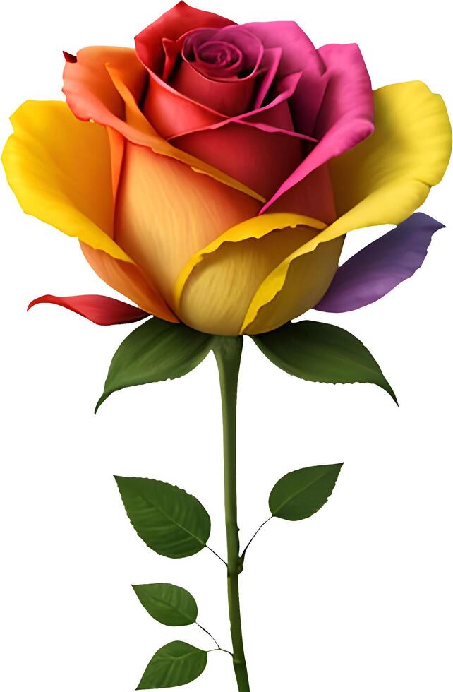 a rainbow rose with green leaves on a white background. AI-Generative photo