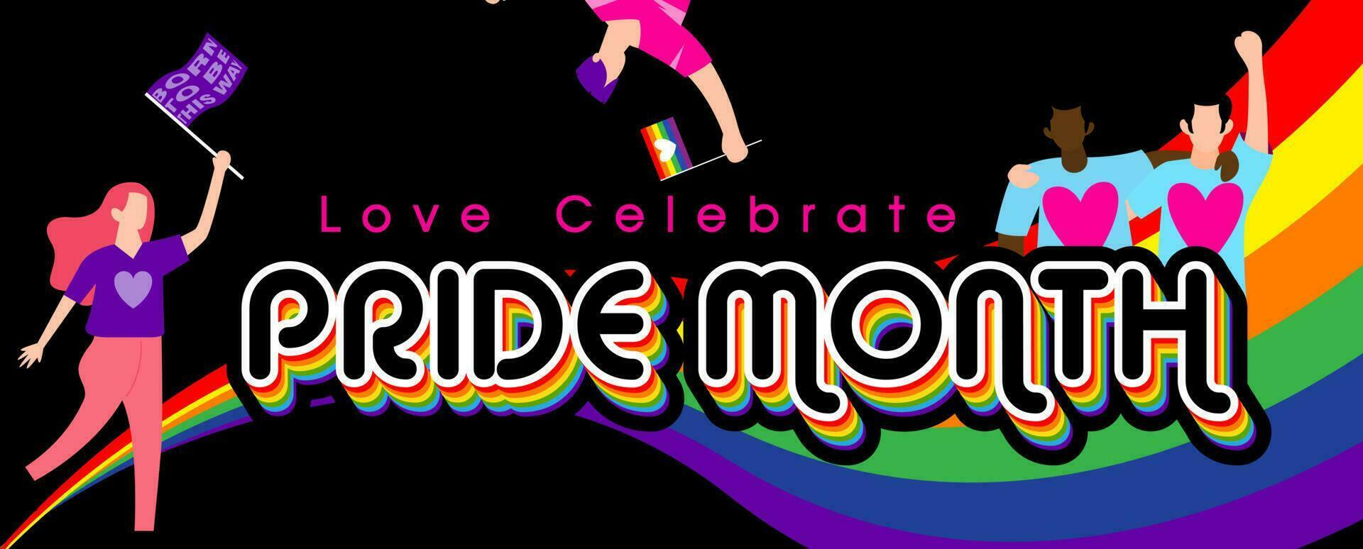 Group of peoples dancing happily on 6 colors bar of Pride flag with wording about LGBT rights campaign on black background. vector