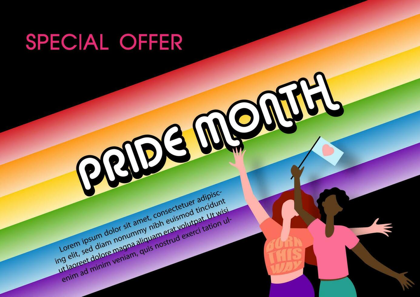 Peoples dancing happily on 7 colors bar of Pride flag with PRIDE MONTH letters and example texts on black background. Poster sale banner of pride month in vector design.