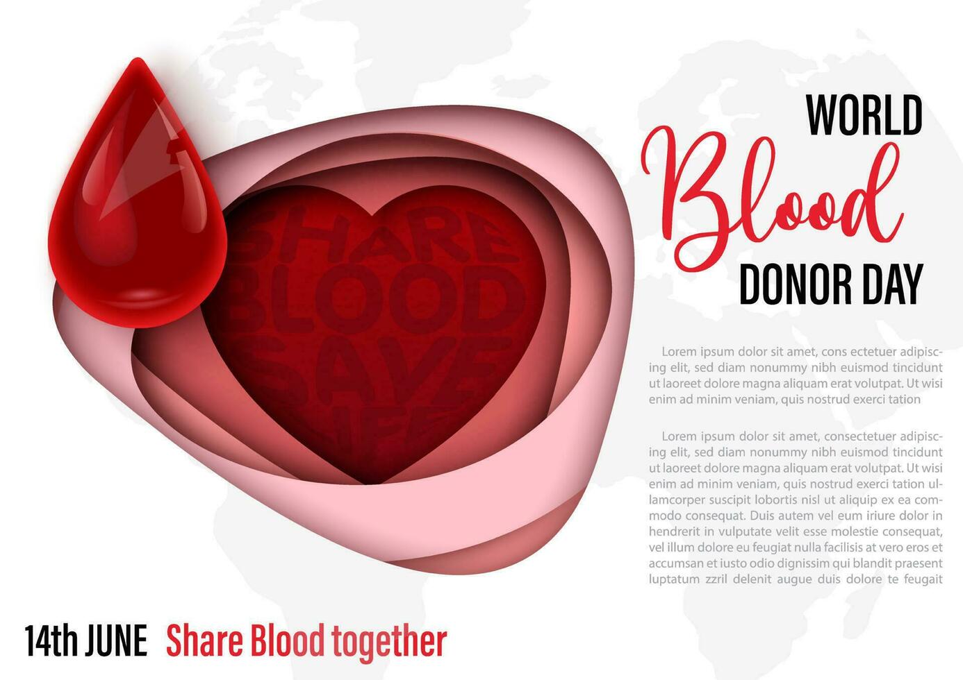 Blood droplets in glass style with wording of blood donor day on abstract shape with red heart in paper cut style and world map pattern white background. vector