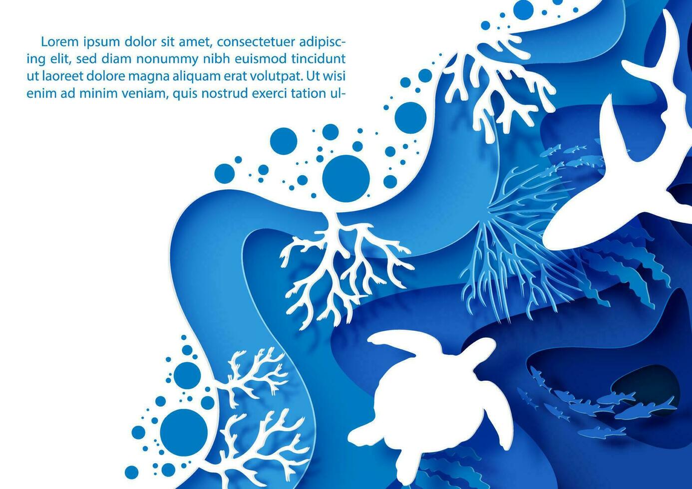 Card and poster scene of under the sea and ocean in layers paper cut style and vector design with white sea turtle and shark, example texts.