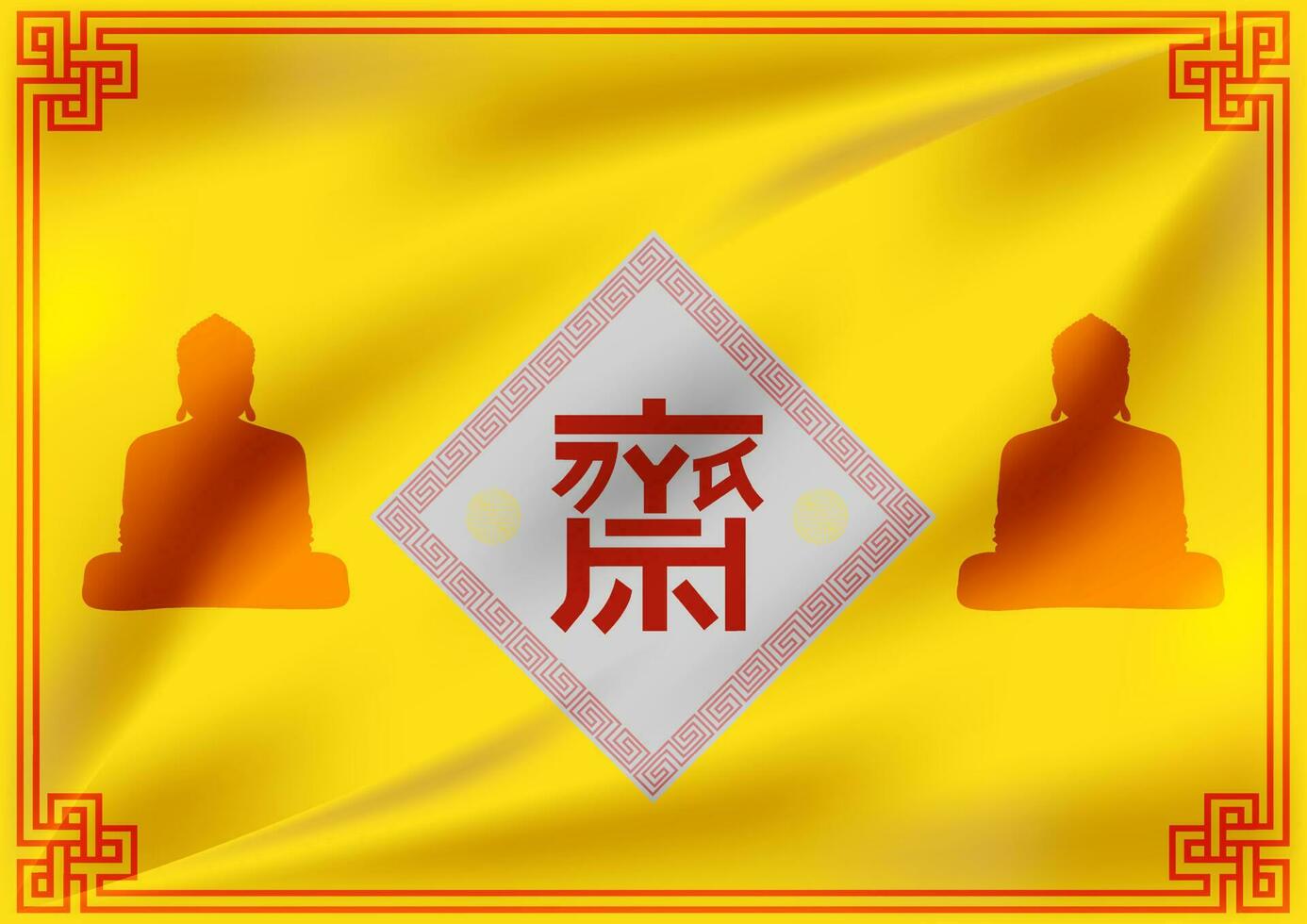 Red Chinese letters on white square and red small Buddhas on yellow flag background. vector