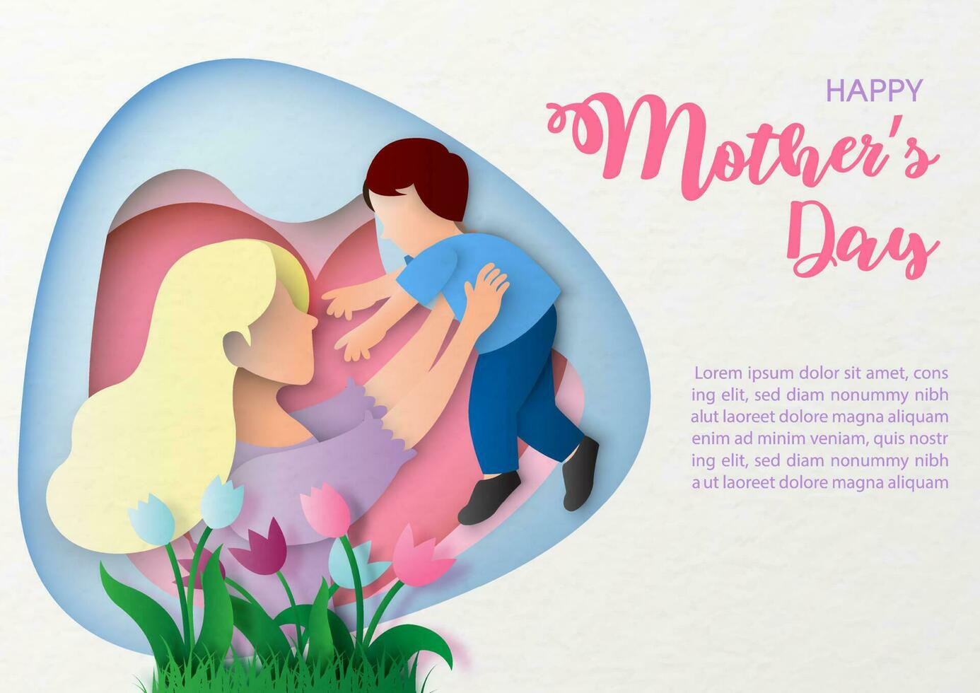Mother playing with her son decorated plants in a abstract hole and Happy Mother's Day lettering on white background. Greeting card of Mother's day in paper cut layer style and vector design.
