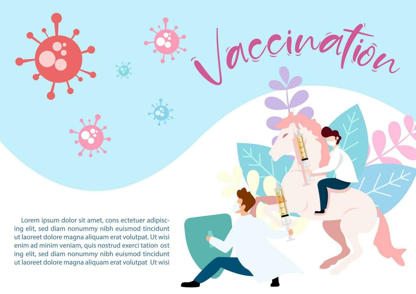 Doctor in cartoon character be a knight and holding vaccine's syringe to fighting virus on decoration plants and Vaccination wording, example texts and blue background. vector