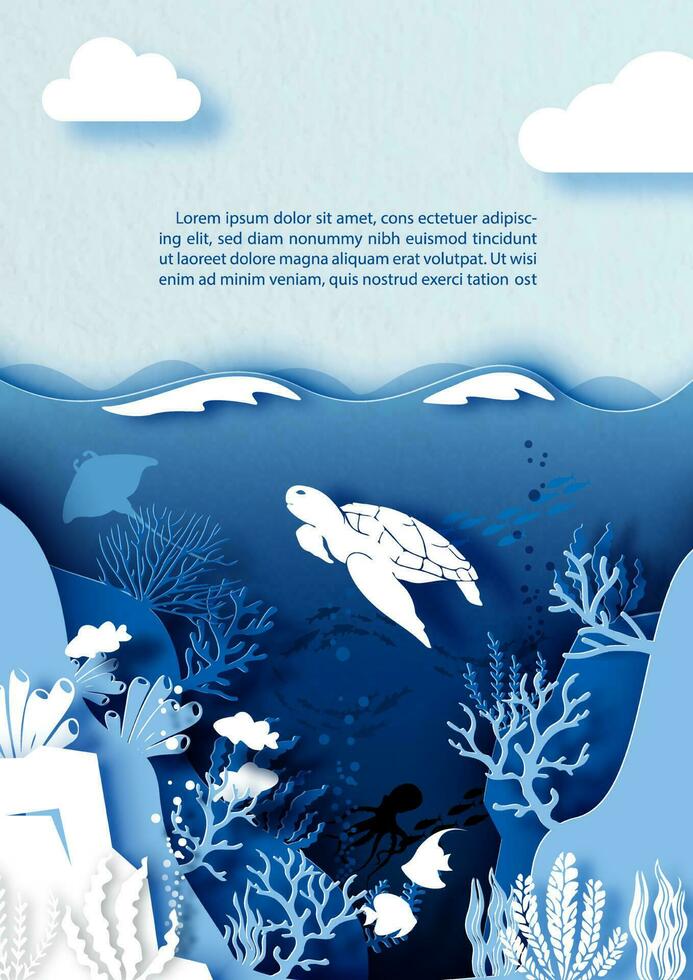 tarjeta y póster escena de debajo el mar y Oceano en capas papel cortar estilo y vector diseño con blanco mar Tortuga y pez payaso, ejemplo textos.
