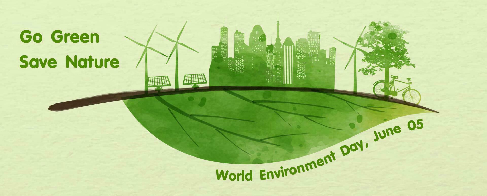 póster concepto de ecosistema ciudad y mundo ambiente día con eslogan y el día, nombre de evento en acuarela estilo y vector diseño.