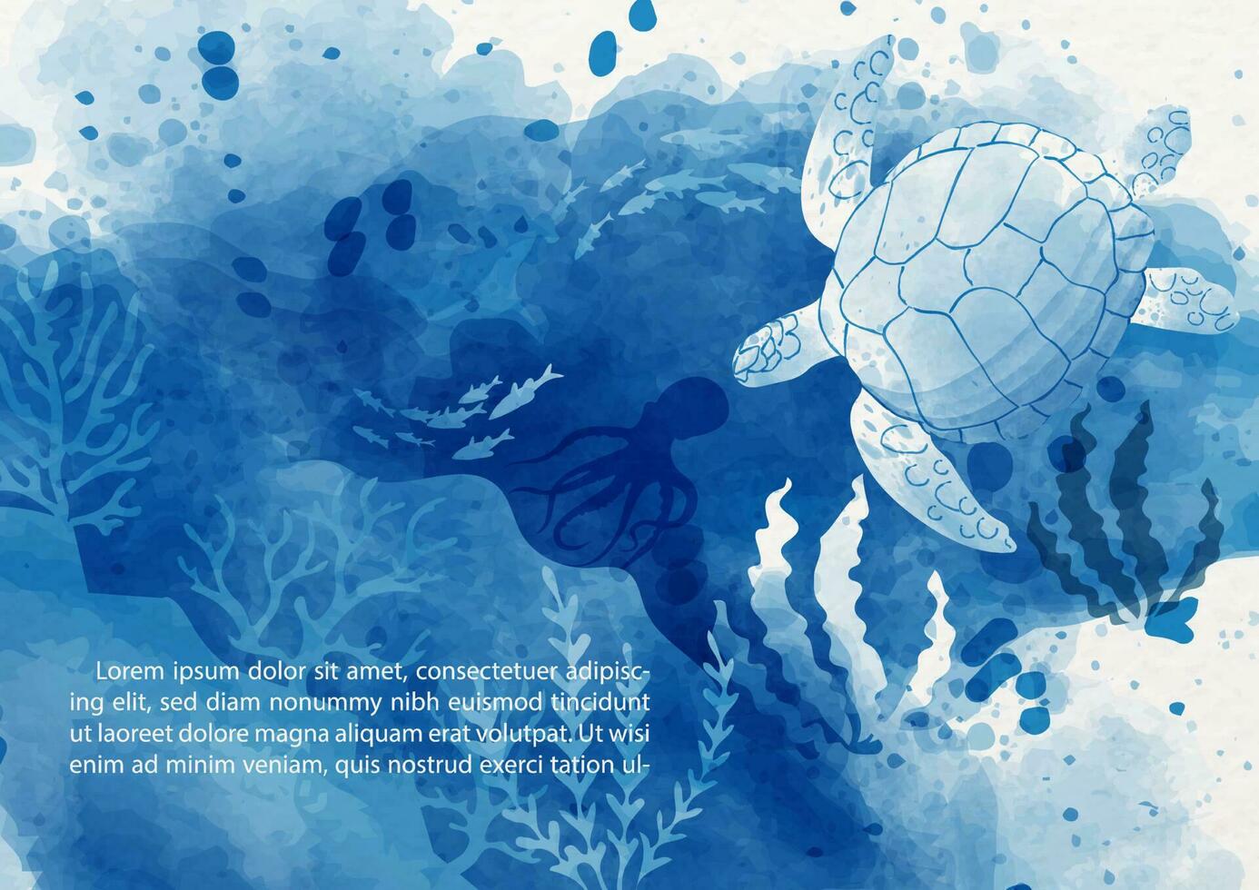 mar Tortuga con el escena de debajo Oceano en acuarela estilo, ejemplo textos en blanco papel modelo antecedentes. tarjeta y póster de Oceano en azul acuarela estilo y vector diseño.