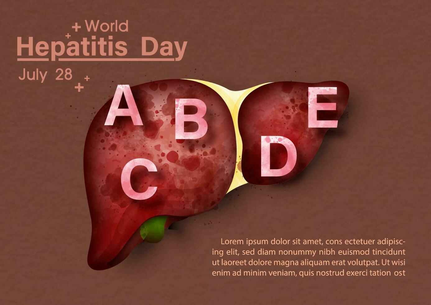 humano hígado con Inglés letras en concepto de hepatitis a, b, C, d, y mundo hepatitis día cartel Campaña en acuarelas estilo en marrón antecedentes. vector