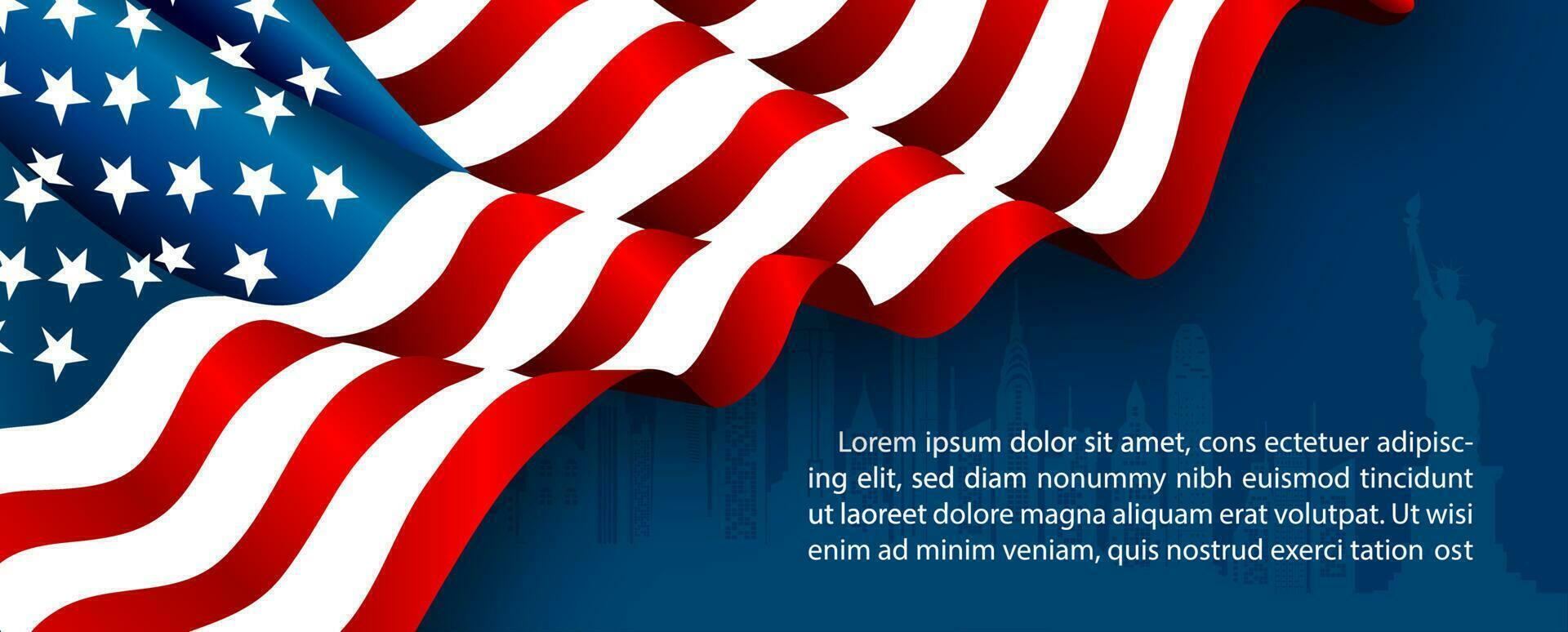 Closeup and crop of The U.S.A flag with example texts on landscape of city pattern and navy background.  background. Card and poster of the U.S.A independent day in vector design.