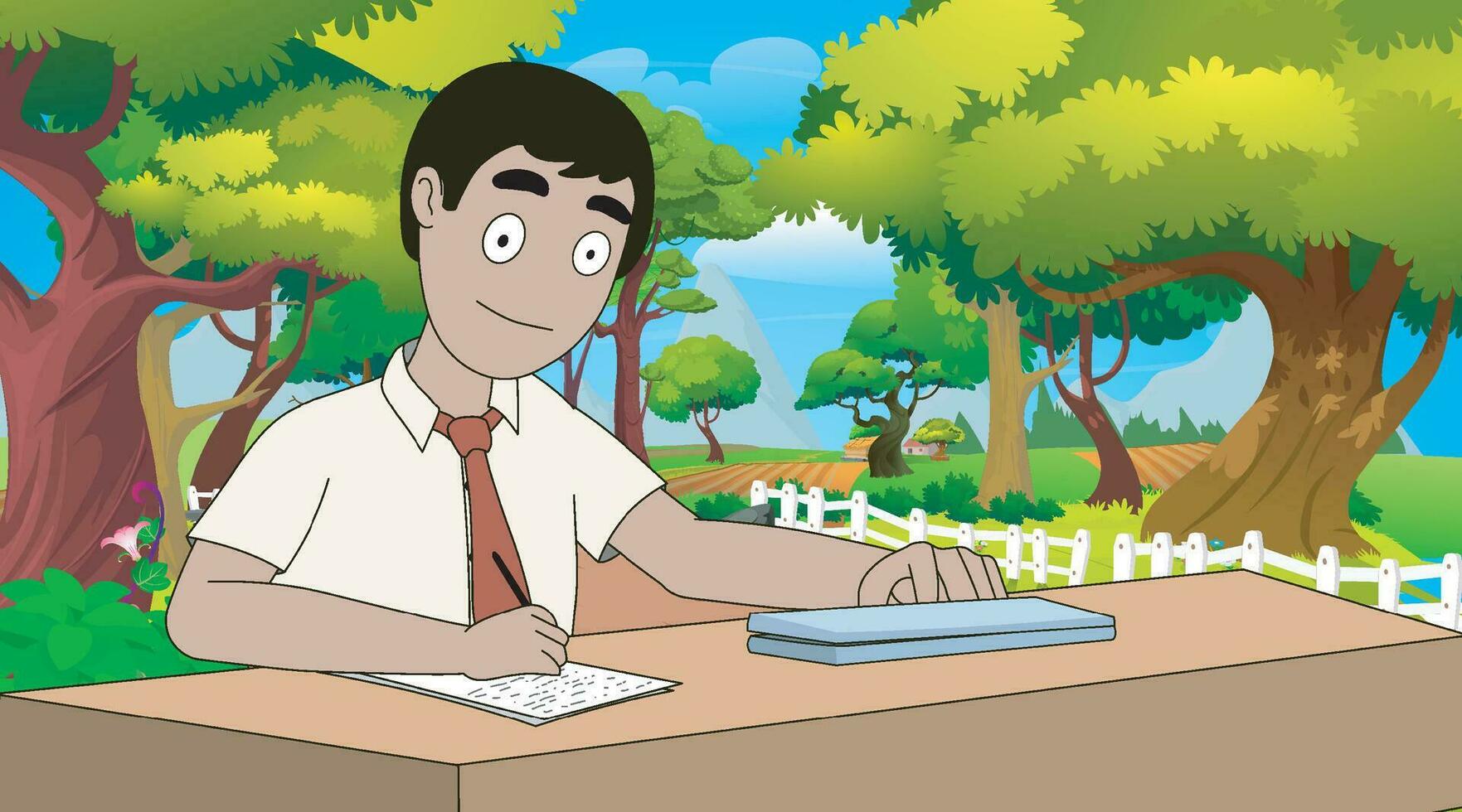 school boy and landscape scene with many trees vector