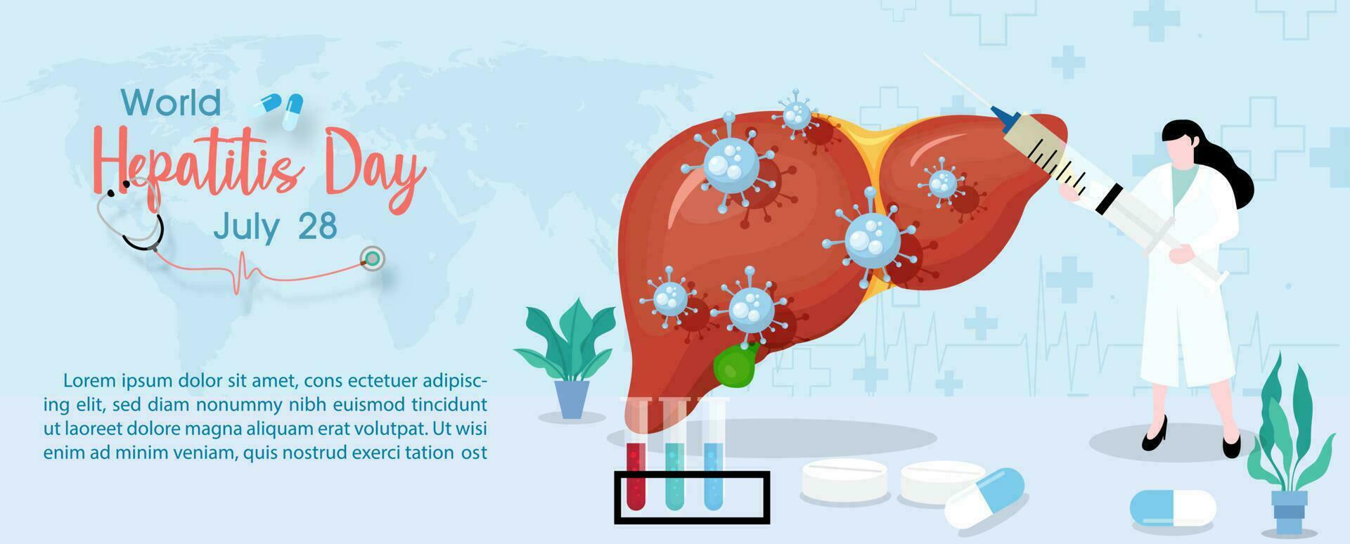 Concept of hepatitis A, B, C, D, and world hepatitis day campaign's poster with doctors treat the liver in flat style and banner vector design.