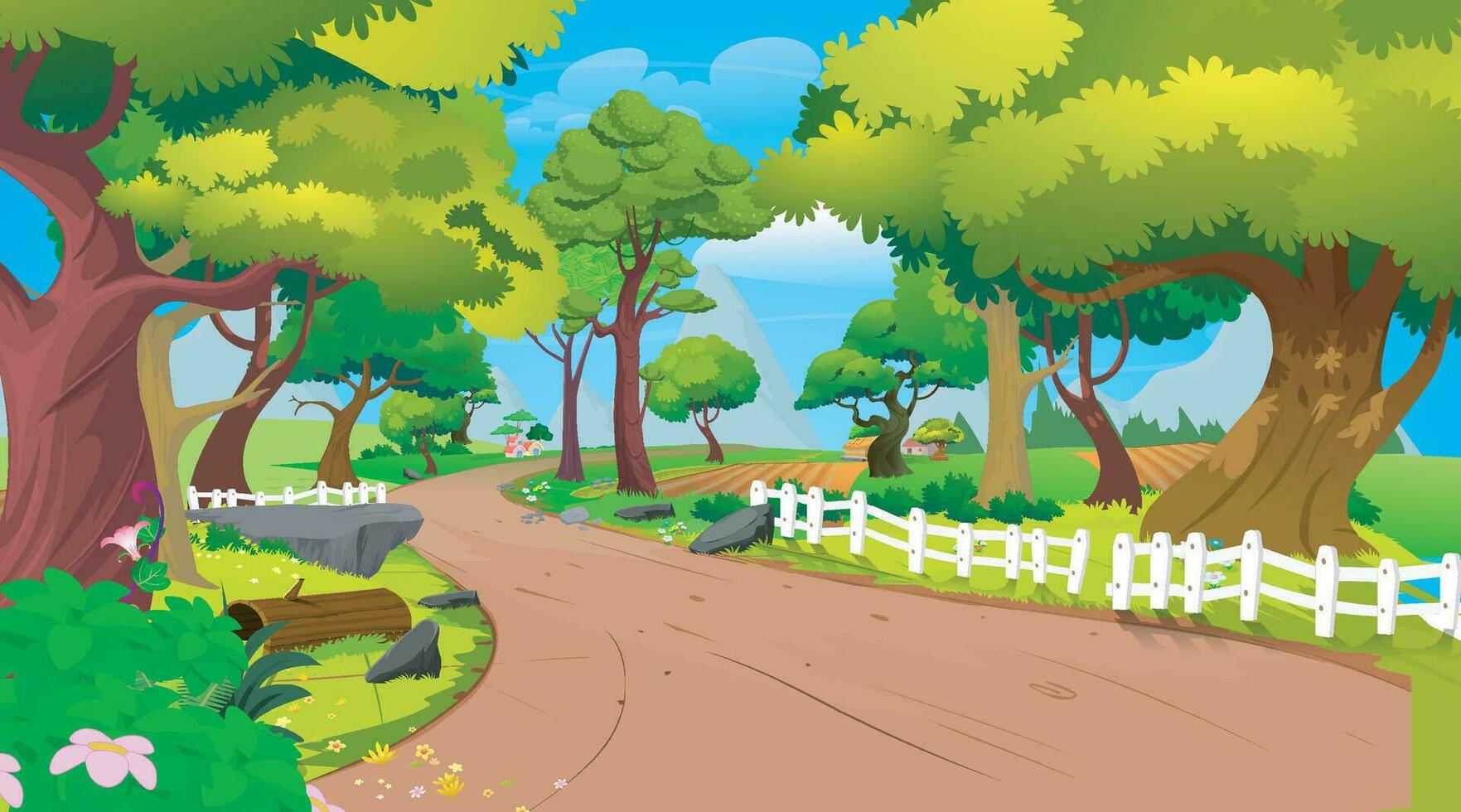 verano paisaje a pueblo público parque, verde césped o jardín en plano dibujos animados mano dibujado modelo ilustración vector