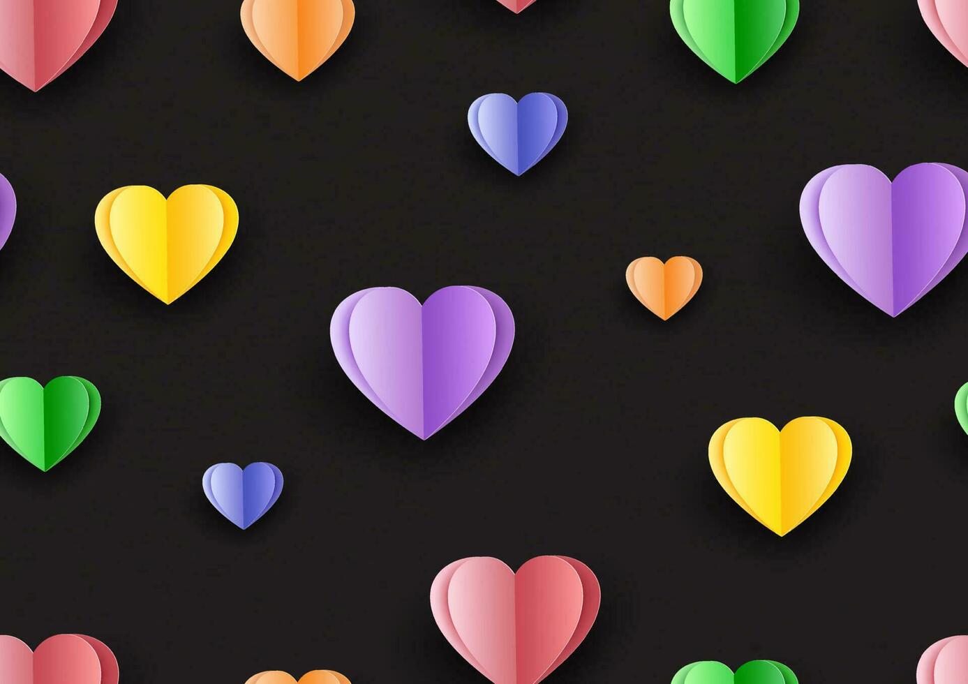 Seamless gift wrapping and wallpaper colorful hearts in papercut style isolated on black background. vector