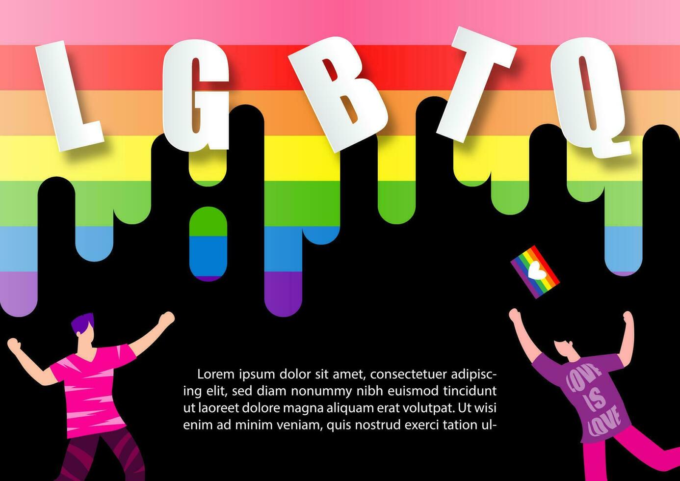 Peoples dancing happily on 7 colors bar of Pride flag with LGBTQ white letters and example texts on black background. vector