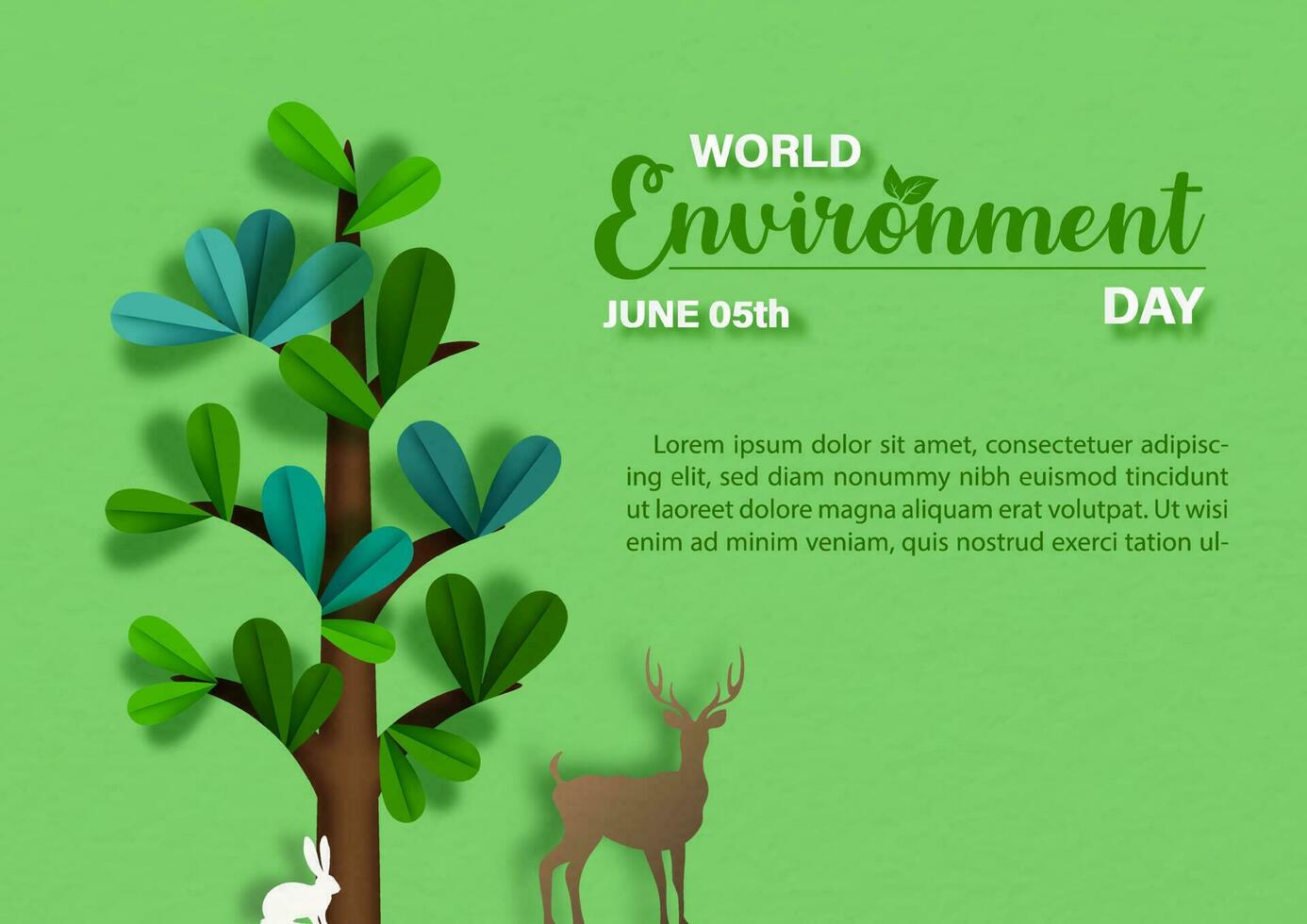 soltero árbol con fauna silvestre en papel cortar estilo y fraseología de mundo ambiente día, ejemplo textos en verde papel modelo antecedentes. póster Campaña de mundo ambiente día en papel cortar estilo. vector