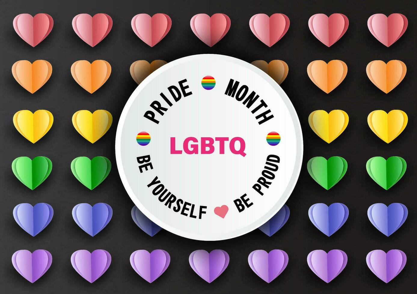 Slogan of pride day and month on white banner and colorful hearts in papercut style isolate on black background. Greeting card and poster of pride month in papercut style and vector design.