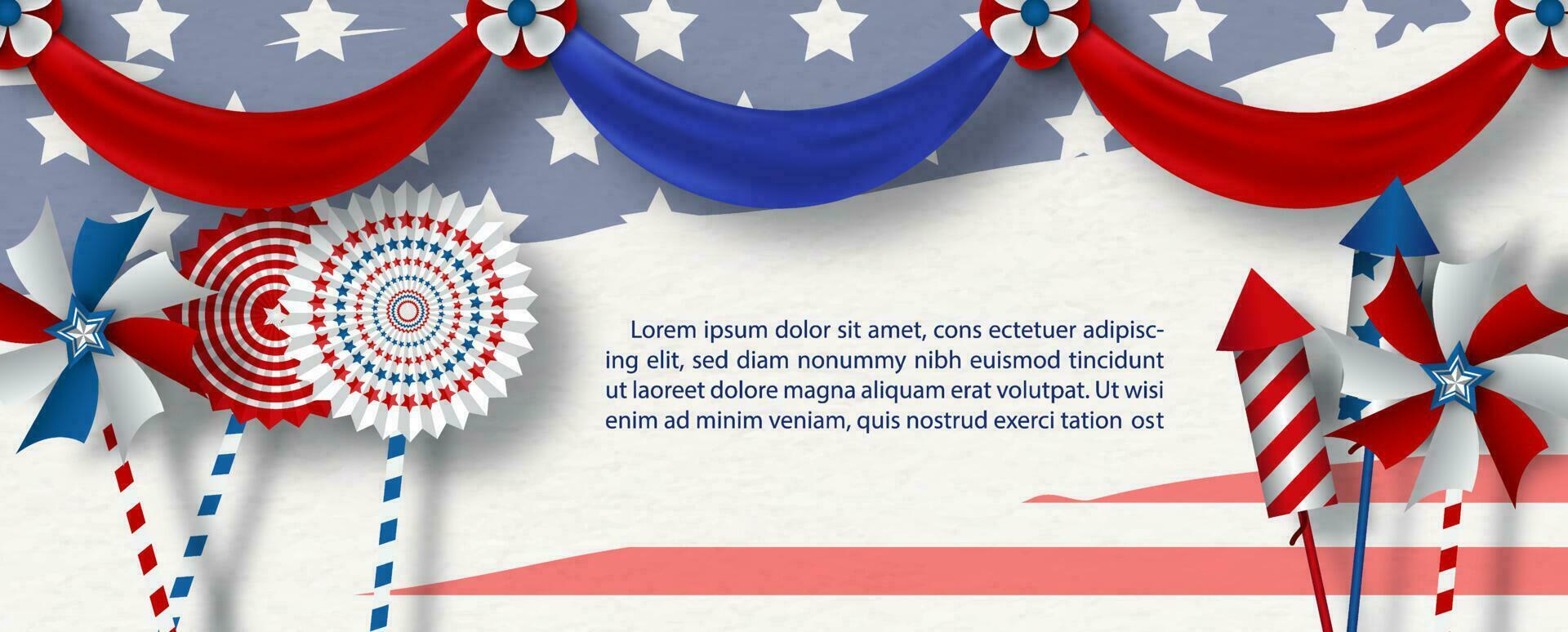 juguete y objetos con decorado tela, ejemplo textos en el EE.UU bandera y blanco antecedentes. póster de el EE.UU independiente día en corte de papel estilo y vector diseño.