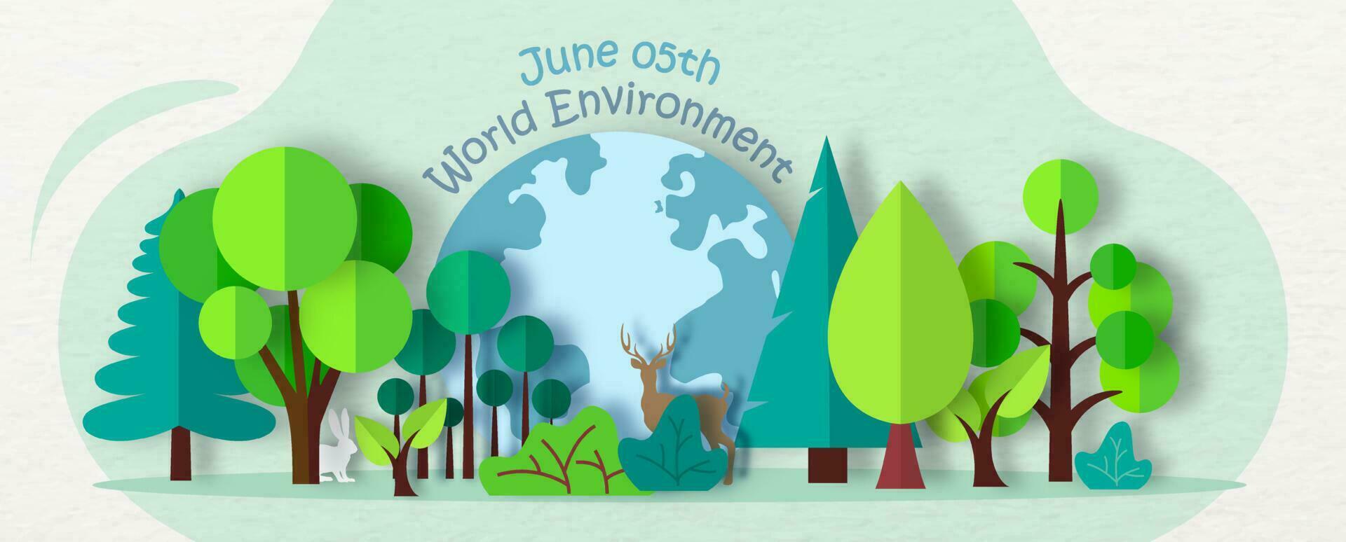 Origami and paper cut wild concept with giant global and wording of world environment day on light green background. Poster campaign of world environment day in paper cut style. vector
