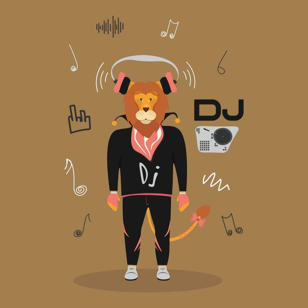 Cute funny lion cartoon mascot music dj with headphones. Lion animal hand drawn vector