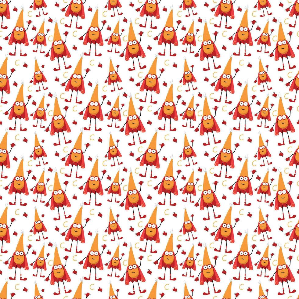 Seamless pattern Carrot hero character in Superhero costume and boxer gloves. Vegetable character pattern vector