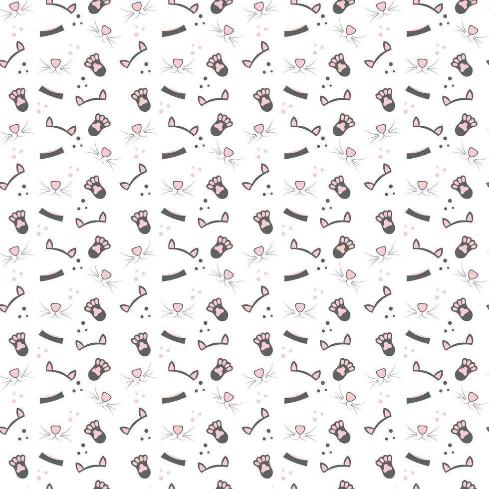 Cute seamless pattern with cat faces, paws and animal bowl vector