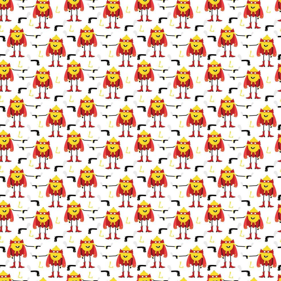 Seamless pattern Lemon hero character in Superhero costume holding gun. Vegetable character with pistol pattern vector