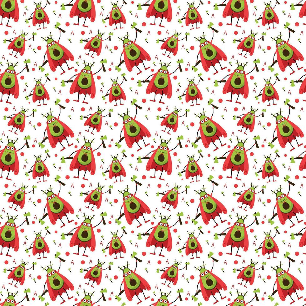 Seamless pattern Avocado hero character in Superhero costume and axe. Fruit character pattern vector